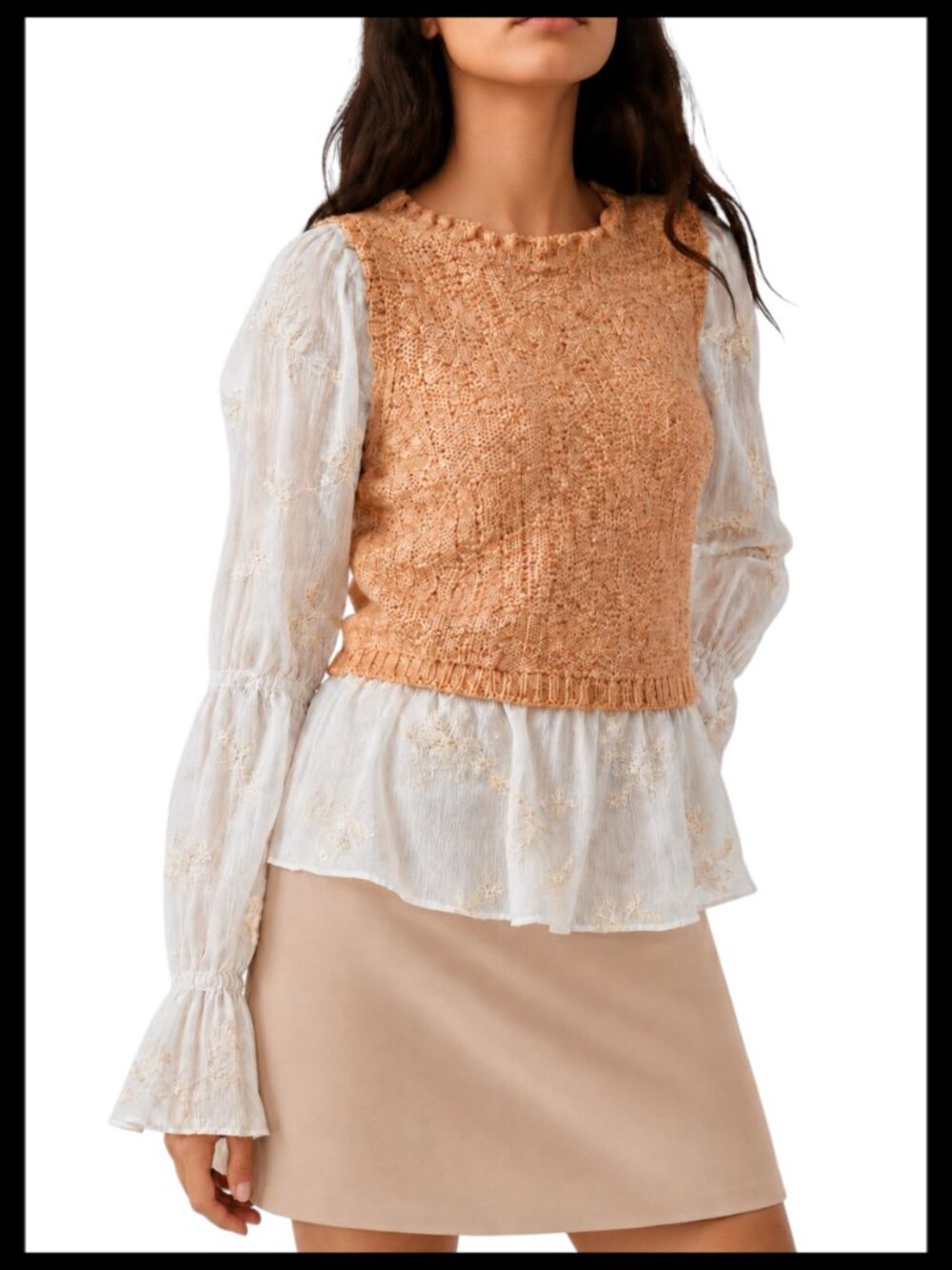 Anthropologie Layered Knit Cropped Vest Cream Orange Lace Embroidered Blouse_S